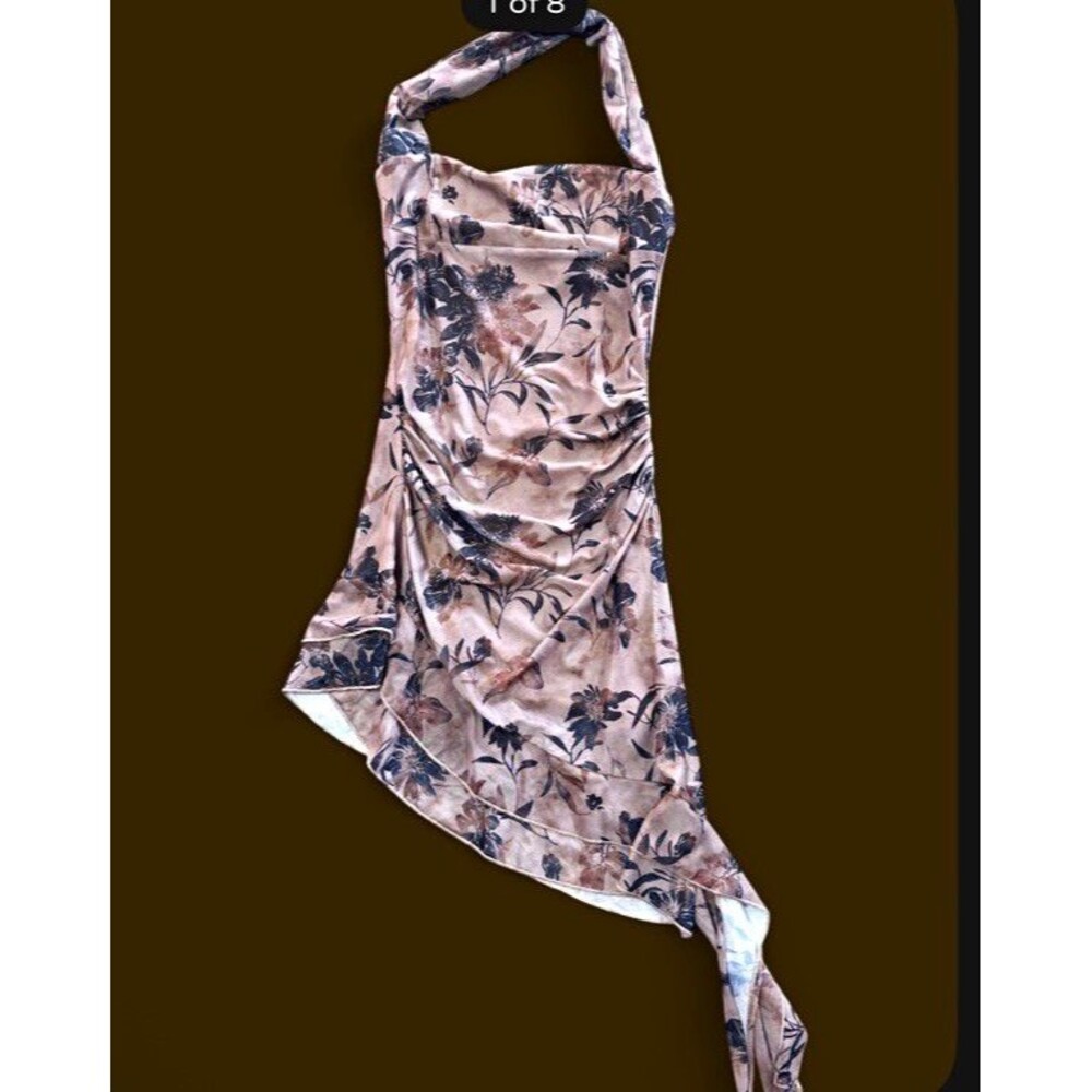 CIDER Floral One Shoulder Asymmetrical Midi Dress Brown Mesh Ruched Size XS